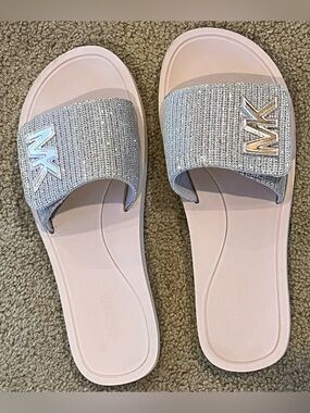 Michael Kors Glitter Chain Mesh Slide Sandals, Size 8, Light Pink, Gently Worn